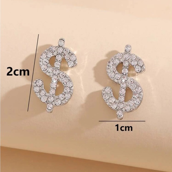 Silver Rhinestone Dollar Sign Earrings, Dollar Sign Stud Earrings - Picture 4 of 4